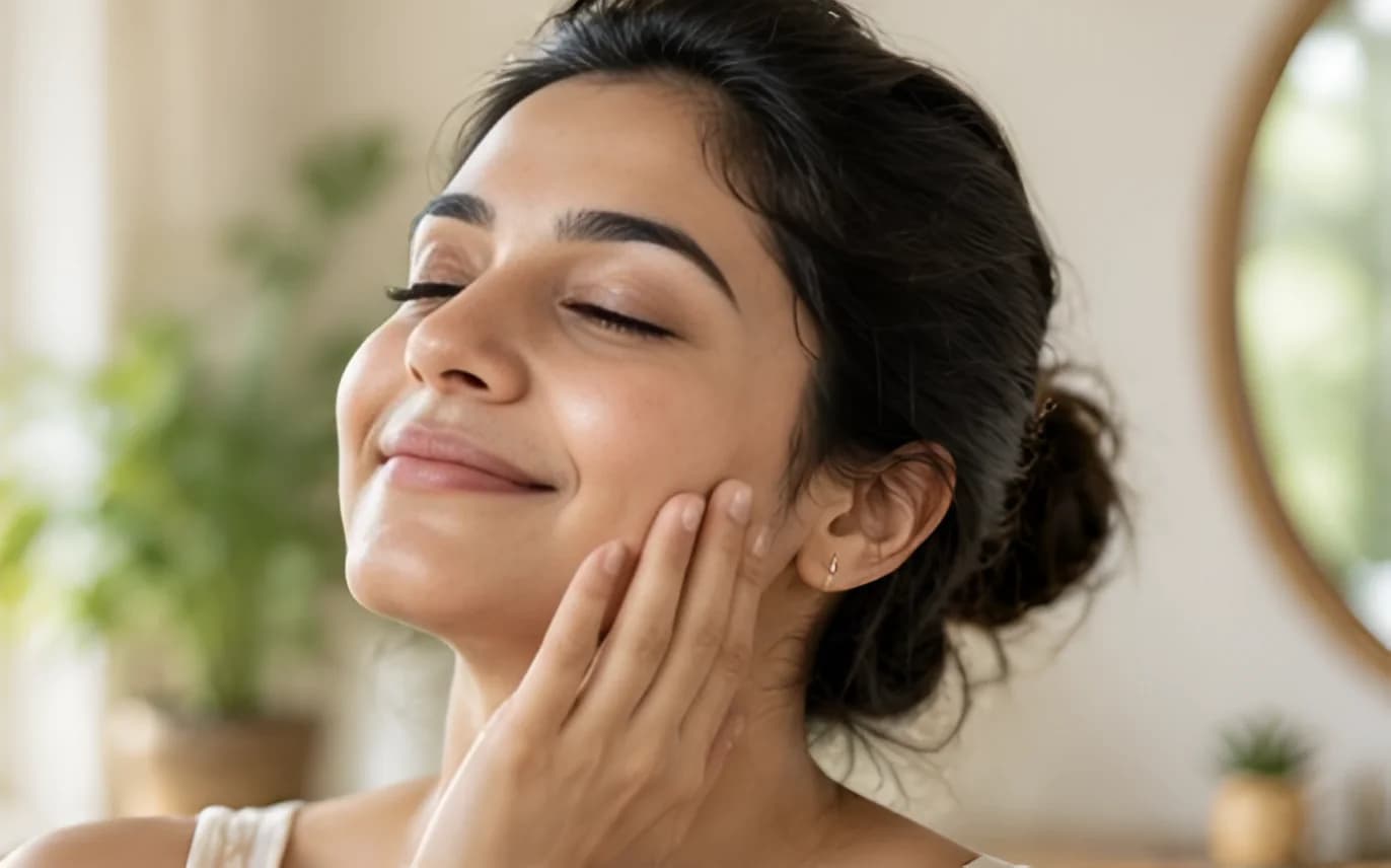 Woman gently touching her cheek