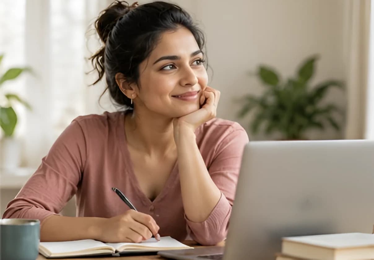 Woman writing in a notebook beside a laptop