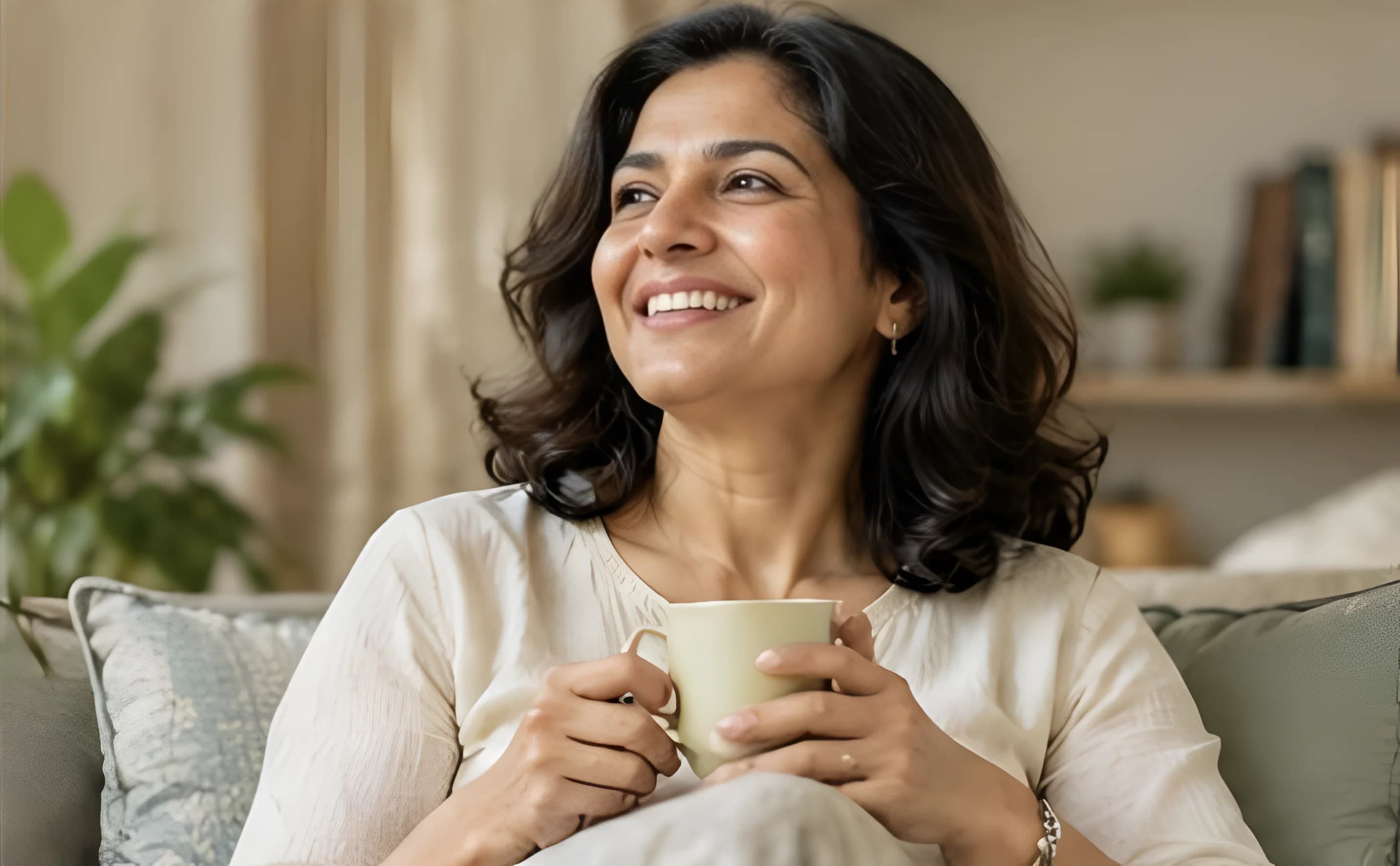 Woman relaxing on a sofa with a cup