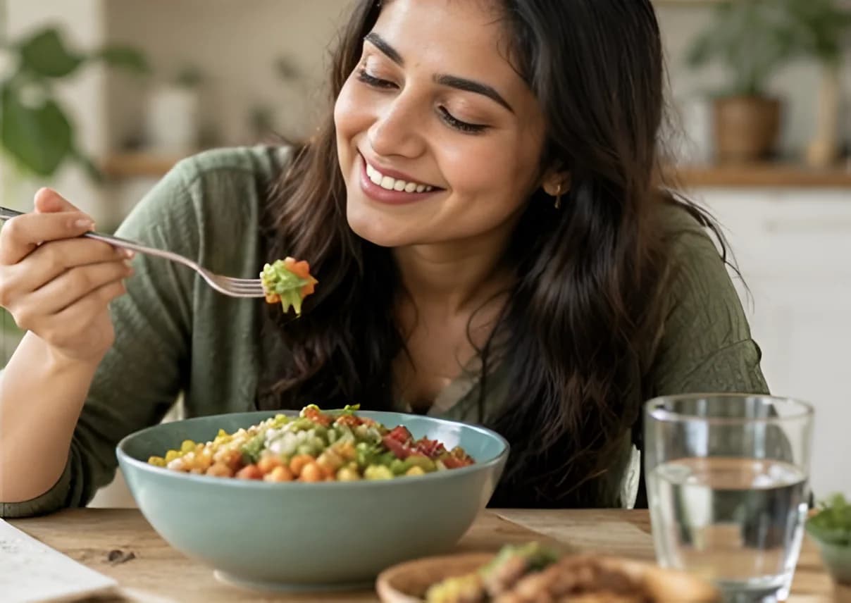 Woman enjoying a bowl of fresh salad