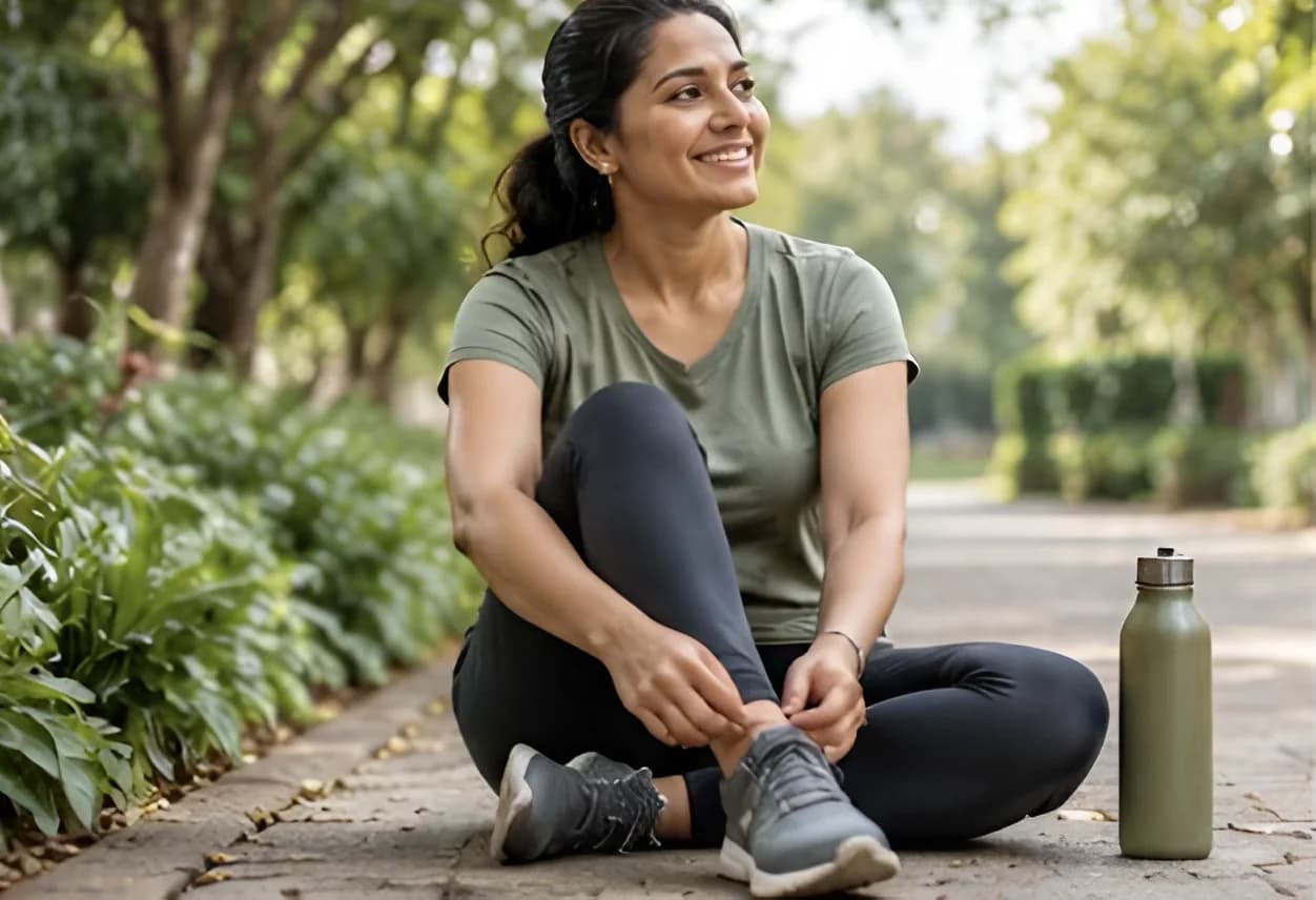Woman tying her trainer before exercising outdoors